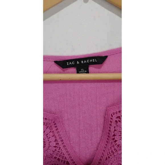Zac & Rachel Womens Pink Crochet ‎ Blouse XL 3/4 Sleeve High Low Hem Lightwei - Picture 4 of 11
